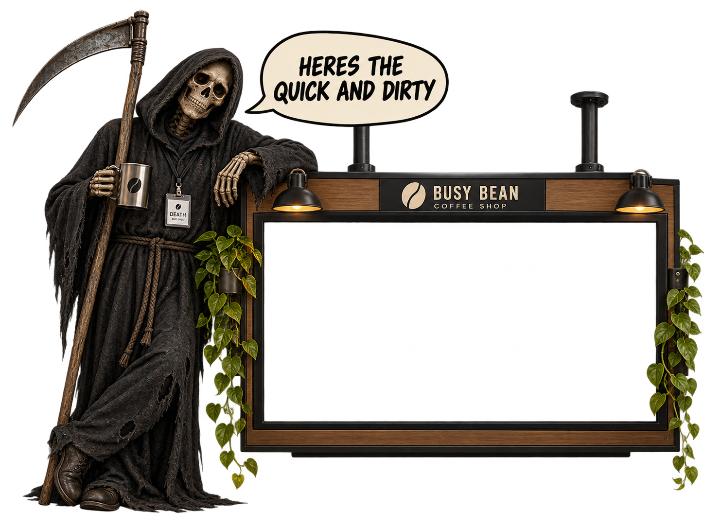 Death beside the Busy Bean television, saying Here's the quick and dirty