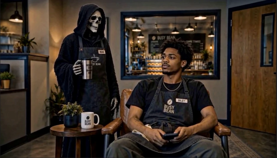 Death holding a mug beside Riley seated in the coffee shop