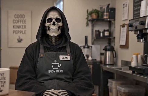 Death seated at Busy Bean with his skeletal hands together
